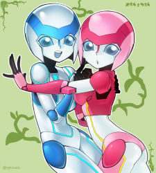 Rule 34 | 2girls, :d, android, artist name, ass, blue eyes, blue theme, bob cut, breasts, character name, clenched hand, furuka, green background, hand on another&#039;s back, hug, humanoid robot, joints, meruka, multiple girls, nyorobotics, open mouth, original, pink theme, pointing, robot, robot joints, simple background, smile, solid eyes, spacezin, teeth, text focus, watermark, web address