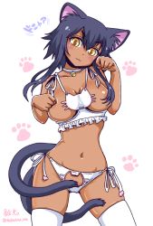 Rule 34 | 1girl, :3, animal ear fluff, animal ears, bell, black hair, breasts, cat cutout, cat ears, cat girl, cat lingerie, cat tail, choker, clothing cutout, collar, convenient censoring, cowboy shot, dark-skinned female, dark skin, hair censor, head tilt, jingle bell, large breasts, long hair, meme attire, multiple tails, navel, neck bell, nekomata, original, panties, parody, paw pose, paw print, paw print background, reverse outfit, shake-o, side-tie panties, solo, tail, tail censor, thighhighs, twitter username, two tails, underwear, yellow eyes