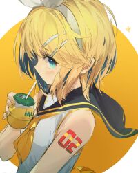 Rule 34 | 1girl, absurdres, aqua eyes, bare arms, bare shoulders, black sailor collar, blonde hair, bow, commentary, drink, drinking, drinking straw, flat chest, hair bow, hair ornament, hairband, hairclip, highres, holding, holding drink, kagamine rin, light blush, looking at viewer, mihoranran, neckerchief, number tattoo, orange background, sailor collar, sailor shirt, shirt, shoulder tattoo, sideways glance, sleeveless, sleeveless shirt, solo, symbol-only commentary, tattoo, treble clef, vocaloid, white bow, yellow nails, yellow neckerchief