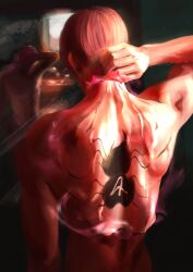 Rule 34 | 1boy, absurdres, arm at side, back, back focus, back tattoo, body writing, facing away, from behind, hair down, hand on own neck, hand up, highres, hisoka morow, hunter x hunter, indoors, male focus, mirror, nude, photo-referenced, pink hair, reflection, removing, sanho sanho, short hair, solo, spider tattoo, spoilers, tattoo, upper body, wet