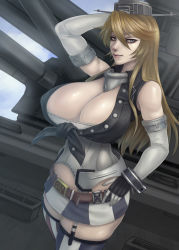 Rule 34 | 10s, 1girl, arm up, armor, asymmetrical legwear, belt, blonde hair, blue eyes, breasts, cannon, chain, cleavage, closed mouth, cowboy shot, eyelashes, eyeliner, eyeshadow, front-tie top, garter straps, gloves, gorget, hair between eyes, headgear, highres, huge breasts, iowa (kancolle), kantai collection, long hair, looking at viewer, machinery, makeup, miniskirt, mismatched legwear, okai, skirt, smile, solo, stitches, striped clothes, striped thighhighs, thighhighs, unbuttoned, vertical-striped clothes, vertical-striped thighhighs, wrist cuffs