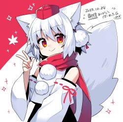Rule 34 | 1girl, :&gt;, animal ears, bare shoulders, black skirt, blush, commentary request, dated, detached sleeves, hat, highres, inubashiri momiji, looking at viewer, pokopoko ponzu, pom pom (clothes), red eyes, red hat, red scarf, ribbon-trimmed sleeves, ribbon trim, scarf, shirt, short hair, signature, skirt, smile, solo, sparkle, tail, tassel, tokin hat, touhou, two-tone background, upper body, v, white hair, white shirt, wide sleeves, wolf ears, wolf tail