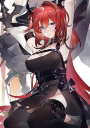 Rule 34 | 1girl, absurdres, arknights, armpits, arms up, bare shoulders, black dress, black thighhighs, breasts, chinese commentary, cleavage, commentary request, demon girl, dress, hair between eyes, highres, horns, large breasts, long hair, looking at viewer, partial commentary, purple eyes, red hair, seiza, short dress, sitting, solo, surtr (arknights), thighhighs, thighs, very long hair, yushe quetzalli