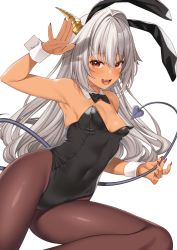 Rule 34 | 1girl, :d, animal ears, armpits, bare shoulders, black leotard, black pantyhose, blush, breasts, commentary request, covered navel, dark-skinned female, dark skin, demon tail, detached collar, enjo kouhai, fake animal ears, fang, fingernails, grey hair, hair between eyes, hand up, highres, horns, leotard, long fingernails, long hair, looking at viewer, open mouth, original, pantyhose, playboy bunny, rabbit ears, red eyes, simple background, small breasts, smile, solo, tail, takunomi, ursula (takunomi), white background, wrist cuffs