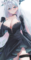 Rule 34 | 1girl, :o, absurdres, animal ear fluff, animal ears, aqua eyes, black choker, black dress, black gloves, black jacket, blue archive, blush, breasts, choker, cleavage, collarbone, cross hair ornament, dress, gloves, grey hair, hair ornament, highres, jacket, large breasts, long hair, looking at viewer, lshiki, mismatched pupils, pink hair, plunging neckline, shiroko (blue archive), shiroko terror (blue archive), simple background, single bare shoulder, solo, straight hair, thigh strap, very long hair, white background, wolf ears