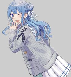 Rule 34 | 1girl, blue eyes, blue hair, cardigan, commentary request, earrings, frilled sleeves, frills, grey background, grey cardigan, hair bun, hair ribbon, highres, hololive, hoshimachi suisei, hoshimachi suisei (school uniform), jewelry, long hair, long sleeves, one eye closed, open mouth, pleated skirt, pocket, ribbon, sailor collar, sei (sei 404), simple background, skirt, solo, star (symbol), teeth, upper teeth only, virtual youtuber