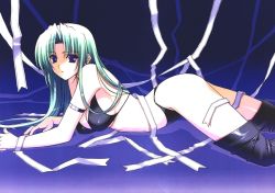 Rule 34 | 00s, 1girl, alternate hairstyle, armlet, bikini, black bikini, blue background, blue eyes, boots, feet out of frame, gradient background, green hair, long hair, lying, navel (company), non-web source, on stomach, parted bangs, ribbon, simple background, solo, soul link, straight hair, suzuhira hiro, swimsuit, thigh boots, thighhighs, yuu yamanami