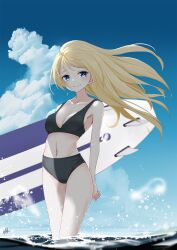 Rule 34 | 1girl, artist name, bare arms, bare legs, bare shoulders, bikini, black bikini, blonde hair, blue eyes, blush, closed mouth, cloud, collarbone, day, highres, jervis (kancolle), kantai collection, long hair, looking at viewer, navel, neve (morris-minicooper), ocean, outdoors, signature, sky, smile, solo, surfboard, swimsuit, water