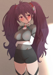 Rule 34 | 1girl, absurdres, battle girl high school, bike shorts, black shorts, blush, breasts, character request, closed mouth, covered navel, hair between eyes, hair ornament, highres, large breasts, long hair, messy hair, purple hair, red eyes, shorts, simple background, solo, sweat, tsubuzaki anko, twintails, unpasu, very long hair