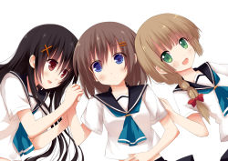 Rule 34 | 3girls, :d, bad id, bad pixiv id, black hair, blue eyes, braid, brown hair, green eyes, hair ornament, hair over shoulder, hairclip, holding hands, liong, long hair, lying, multiple girls, on back, on side, open mouth, original, red eyes, school uniform, short hair, simple background, single braid, smile, white background, x hair ornament