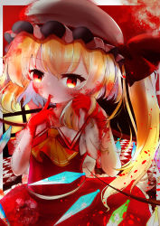 Rule 34 | 1girl, absurdres, ascot, ayahosiyuki, blonde hair, blood, blood in hair, blood on arm, blood on clothes, blood on hands, checkered floor, collared shirt, cowboy shot, finger to mouth, flandre scarlet, hair between eyes, hat, hat ribbon, heart, highres, long hair, looking at another, mob cap, multicolored wings, open mouth, puffy short sleeves, puffy sleeves, red eyes, red ribbon, red skirt, red vest, ribbon, shirt, short sleeves, side ponytail, skirt, skirt set, solo, touhou, vest, white hat, white shirt, wings, yellow ascot