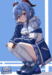 Rule 34 | 1girl, absurdres, ahoge, artist name, blue background, blue footwear, blue hair, blue hoodie, blue jacket, blue skirt, casual, cellphone, cheek rest, closed mouth, commentary, contemporary, earphones, from side, full body, ganyu (genshin impact), genshin impact, goat horns, gradient eyes, hair between eyes, hand on own face, hand up, highres, holding, holding phone, hood, hood down, hoodie, horns, jacket, long hair, looking at viewer, miniskirt, multicolored clothes, multicolored eyes, multicolored jacket, off shoulder, open clothes, open jacket, over-kneehighs, phone, pleated skirt, pocket, purple eyes, shiny skin, shoelaces, shoes, sidelocks, simple background, skirt, skym (kumei), sleeves past wrists, smartphone, smile, sneakers, solo, squatting, thighhighs, thighs, tight clothes, translation request, two-tone background, two-tone jacket, unzipped, white jacket, white thighhighs, zettai ryouiki, zipper, zipper pull tab