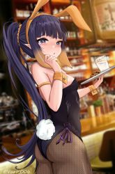Rule 34 | 1girl, absurdres, alternate hairstyle, animal ears, ass, blush, cookie, cowboy shot, cup, drinking glass, fake animal ears, fishnet pantyhose, fishnets, food, highres, holding, holding tray, hololive, hololive english, leotard, milk, ninomae ina&#039;nis, pantyhose, photo background, playboy bunny, ponytail, purple hair, rabbit ears, solo, tray, twisted torso, varo 006, virtual youtuber, wrist cuffs