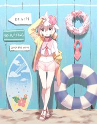 Rule 34 | 1girl, adapted costume, anchor symbol, bare shoulders, bikini, bikini skirt, blonde hair, bow, bowtie, chicha (chi cha rigbo), chinese white dolphin (kemono friends), choker, commentary request, crop top, dolphin girl, dorsal fin, english text, flower, full body, hair flower, hair ornament, highres, jacket, kemono friends, multicolored hair, orange hair, pink bikini, pink bow, pink bowtie, pink hair, sailor collar, sand, sandals, shirt, short hair, short twintails, sleeveless, solo, swimsuit, twintails, white shirt, yellow jacket