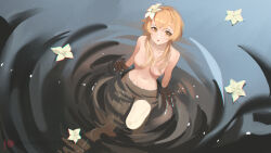 Rule 34 | 1girl, blonde hair, breasts, censored, censored nipples, completely nude, da (datako), flower, genshin impact, hair flower, hair ornament, highres, in water, long hair, looking at viewer, lumine (genshin impact), medium breasts, nude, open mouth, patreon logo, patreon username, solo, white flower, yellow eyes