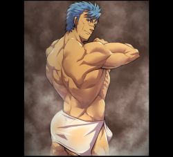 Rule 34 | 1boy, ass, bara, bercouli (sao), biceps, blue eyes, blue hair, bulge, earrings, f-una, facial hair, jewelry, looking at viewer, male focus, mature male, muscular, muscular male, naked towel, pectorals, sauna, scar, scar on face, scar on nose, see-through, short hair, sidepec, simple background, smile, solo, standing, steam, stubble, sword art online, thick eyebrows, towel, towel around waist