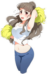 Rule 34 | 1girl, armpits, blue pants, blunt bangs, blush, breasts, brown hair, cleavage, collarbone, crop top, cropped legs, floating hair, haseneko, high ponytail, highres, idolmaster, idolmaster cinderella girls, kamiya nao, large breasts, long hair, midriff, navel, open mouth, pants, pom pom (cheerleading), red eyes, shirt, simple background, sleeveless, sleeveless shirt, solo, standing, stomach, very long hair, white background, white shirt