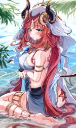 Rule 34 | 1girl, absurdres, armlet, back tattoo, barefoot, blue skirt, blush, bracer, breasts, brooch, genshin impact, green eyes, hair ornament, harem outfit, highres, horns, jewelry, large breasts, legs, long hair, long sleeves, looking at viewer, looking back, low twintails, neck ring, nilou (genshin impact), puffy long sleeves, puffy sleeves, red hair, sak (lemondisk), sash, sidelocks, sitting, skirt, soles, solo, starfish, tattoo, thighlet, thighs, toes, twintails, veil, wariza, water, wet