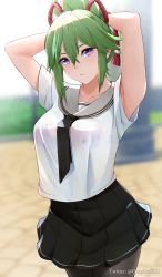 Rule 34 | 1girl, alternate costume, armpit peek, arms behind head, arms up, bare arms, black necktie, black pantyhose, blurry, blurry background, bra, bra visible through clothes, collarbone, commentary, cowboy shot, english commentary, genshin impact, green hair, grey sailor collar, hair between eyes, highres, kuki shinobu, lace, lace-trimmed bra, lace trim, looking at viewer, necktie, outdoors, ozzyart 0221, pantyhose, parted lips, pleated skirt, ponytail, purple eyes, rope, sailor collar, school uniform, see-through, see-through shirt, serafuku, shimenawa, shirt, short sleeves, sidelocks, skirt, solo, standing, twitter username, underwear, white shirt
