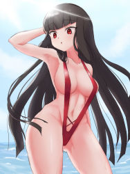 Rule 34 | 1girl, :o, alternate hairstyle, arm behind head, armpits, atre, bare legs, bare shoulders, blunt bangs, breasts, brown hair, collarbone, cowboy shot, gluteal fold, highres, jashin-chan dropkick, large breasts, long hair, looking to the side, navel, ocean, one-piece swimsuit, open mouth, red eyes, red one-piece swimsuit, shino (yaruki nai yatsu), sky, slingshot swimsuit, solo, standing, swimsuit, thighs, very long hair, wet