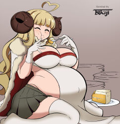 1girl absurdres ahoge anila_(granblue_fantasy) artist_name belly big_belly blonde_hair breasts cake cake_slice closed_eyes closed_mouth commentary eating english_commentary food granblue_fantasy highres large_breasts long_hair navel plate pregnant solo stomach tsukijitums wickedatlas