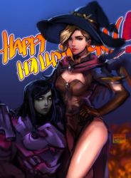 Rule 34 | 2girls, alternate costume, arm around shoulder, armor, black hair, black hat, blue background, colored skin, empty eyes, english text, grey skin, happy halloween, hat, looking back, mercy (overwatch), multiple girls, official alternate costume, overwatch, overwatch 1, pauldrons, pharah (overwatch), possessed pharah, power armor, shoulder armor, simple background, standing, teddy picker, witch hat, witch mercy