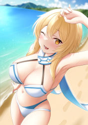 akira_(sayo_dayoo) armpits beach bikini blonde_hair breasts cleavage genshin_impact highres large_breasts looking_at_viewer lumine_(genshin_impact) one_eye_closed swimsuit thighs white_bikini