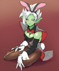 Rule 34 | 10s, 1girl, bow, breasts, buttons, closed mouth, colored skin, crossdressing, dragon ball, dragon ball super, earrings, eyebrows, fishnets, fused zamasu, genderswap, genderswap (mtf), gloves, green skin, jewelry, leotard, lips, male focus, male playboy bunny, matching hair/eyes, navel, pantyhose, playboy bunny, pointy ears, potara earrings, rabbit tail, shoulder pads, simple background, sitting, smile, solo, spiked hair, teba motoko, white eyes, white gloves, white hair, zamasu