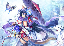 Rule 34 | 1girl, animal ears, black thighhighs, blue eyes, blue hair, breasts, bug, butterfly, cleavage, detached sleeves, flower, hair flower, hair ornament, insect, japanese clothes, katana, large breasts, long hair, looking at viewer, matching hair/eyes, oil-paper umbrella, original, ribbon-trimmed sleeves, ribbon trim, riv (rivleaf), solo, sword, thighhighs, umbrella, very long hair, weapon