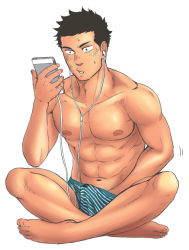 Rule 34 | 1boy, abs, bara, bulge, earphones, erection, erection under clothes, full body, green male underwear, holding, holding phone, crossed legs, male focus, male masturbation, male underwear, masturbation, navel, nipples, original, pectorals, phone, print male underwear, short hair, solo, stomach, striped, toned, toned male, topless male, underwear, underwear only, unplugged line