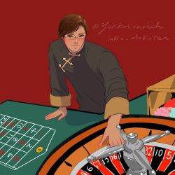 Rule 34 | 1boy, axis powers hetalia, brown hair, chinese clothes, glasses, hand on table, indoors, looking at viewer, macau (hetalia), male focus, pool table, red background, roulette, roulette table, short hair, simple background, solo, table, tangzhuang, yellow eyes, yokkorashoichi