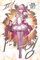 Rule 34 | 1girl, \m/, absurdres, angled foregrip, ar-15, breasts, cheogtanbyeong, commentary request, dress, full body, girls&#039; frontline, gun, hair ornament, hairclip, highres, holding, holding weapon, korean commentary, korean text, long hair, open mouth, pink eyes, pink hair, pink thighhighs, rifle, scope, small breasts, solo, st ar-15 (girls&#039; frontline), suppressor, sweat, thighhighs, translation request, trigger discipline, weapon, white dress