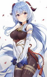 Rule 34 | 1girl, acco (sh in), ahoge, bare shoulders, bell, blue hair, blush, bodystocking, breasts, covered navel, cowboy shot, detached sleeves, ganyu (genshin impact), genshin impact, gloves, highres, horns, long hair, long sleeves, looking at viewer, low ponytail, medium breasts, parted lips, petals, purple eyes, purple gloves, red ribbon, ribbon, simple background, solo, tassel, very long hair, white background