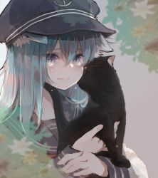 Rule 34 | 1girl, anchor symbol, animal, animal ears, black cat, blue eyes, blue headwear, blush, cat, cat ears, cat girl, closed mouth, commentary request, crying, crying with eyes open, flat cap, flower, hair between eyes, hat, hibiki (kancolle), holding, holding animal, kantai collection, long hair, long sleeves, looking at viewer, neckerchief, red neckerchief, ruohire9, school uniform, serafuku, shirt, silver hair, tears, white shirt, yellow flower