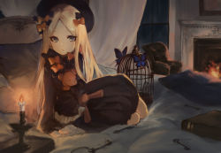 Rule 34 | 1girl, abigail williams (fate), absurdres, bed, bedroom, black bow, black dress, black hat, blonde hair, blue butterfly, blue eyes, book, bow, bug, butterfly, candle, dark, dress, fate/grand order, fate (series), fire, full body, hair bow, hat, highres, indoors, insect, long hair, looking at viewer, night, orange bow, parted lips, solo, stuffed animal, stuffed toy, teddy bear, tsuiru, very long hair