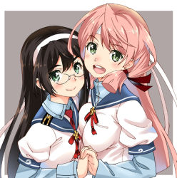 Rule 34 | 10s, 2girls, akashi (kancolle), black hair, blush, breasts, commentary request, glasses, green hair, hairband, headband, holding hands, interlocked fingers, jpeg artifacts, kantai collection, long hair, medium breasts, multiple girls, ooyodo (kancolle), open mouth, outside border, pink hair, school uniform, serafuku, shinozuka atsuto, simple background, teeth, upper teeth only