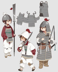 Rule 34 | 3girls, armor, chinese armor, chinese empire, fangdan runiu, grey background, guan dao, helmet, holding, holding mace, holding polearm, holding sword, holding weapon, jitome, lamellar armor, military, multiple girls, original, plume, polearm, sheath, sheathed, simple background, song dynasty, sword, watermark, weapon, yuan dynasty