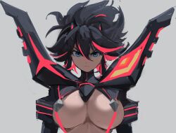 Rule 34 | 1girl, black hair, blue eyes, breasts, closed mouth, commentary, english commentary, hair between eyes, highres, kill la kill, large breasts, life fiber, looking at viewer, matoi ryuuko, multicolored hair, rakeemspoon, red hair, senketsu, short hair, solo, streaked hair, two-tone hair, upper body, white background
