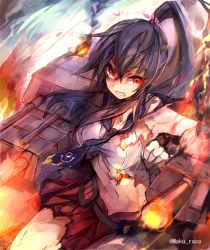 Rule 34 | 10s, 1girl, bad id, bad pixiv id, breasts, brown hair, cannon, cis (carcharias), fire, hair ornament, kantai collection, large breasts, long hair, miniskirt, ponytail, red eyes, skirt, solo, torn clothes, yahagi (kancolle)