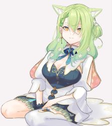 Rule 34 | 1girl, animal ears, antlers, aqua hair, asymmetrical legwear, blue bow, bow, braid, braided bangs, branch, breasts, cat ears, ceres fauna, cleavage, diamond (gemstone), dme1, earrings, flower, green hair, hair between eyes, hair flower, hair ornament, hair over one eye, highres, hololive, hololive english, horns, jewelry, large breasts, long hair, long sleeves, looking at viewer, mole, mole under eye, multicolored hair, seiza, simple background, single braid, single thighhigh, sitting, skirt, smile, solo, thighhighs, virtual youtuber, yellow eyes
