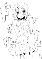 Rule 34 | 1girl, blush, breasts, cleavage, collarbone, female focus, greyscale, hair down, k-on!, monochrome, nome (nnoommee), short hair, skirt, solo, tainaka ritsu, topless, white background