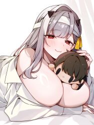 1girl :3 arm_under_breasts bandaged_head bandages blush breasts character_doll closed_mouth commander_(nikke) commentary dress_shirt goddess_of_victory:_nikke grey_hair hair_ribbon highres large_breasts long_hair looking_at_viewer lying modernia_(first_affection)_(nikke) modernia_(nikke) naked_shirt no_bra nobako off_shoulder official_alternate_costume on_stomach red_eyes ribbon shirt sidelocks simple_background smile solo upper_body white_background white_shirt yellow_ribbon