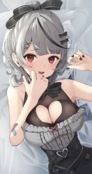 Rule 34 | 1girl, bare shoulders, breasts, cleavage, grey hair, highres, hololive, looking at viewer, medium hair, open mouth, red eyes, sakamata chloe, smile, solo, taachika, virtual youtuber