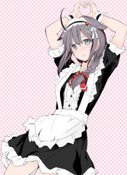 Rule 34 | 1girl, ahoge, alternate costume, apron, arms up, black dress, black hair, braid, commentary request, cowboy shot, dress, enmaided, flat color, frilled apron, frills, hair over shoulder, heart, heart hands, highres, kantai collection, long hair, looking at viewer, maid, neckerchief, red neckerchief, shigure (kancolle), shigure kai ni (kancolle), single braid, solo, white apron, yoshinaga yunosuke
