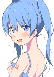 Rule 34 | 1girl, blue bra, blue eyes, blue hair, blush, bra, hair between eyes, hatsune miku, itotokai, long hair, looking at viewer, looking back, number tattoo, open mouth, simple background, solo, tattoo, twintails, underwear, underwear only, upper body, vocaloid, white background