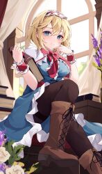 Rule 34 | 1girl, absurdres, alice margatroid, black pantyhose, blonde hair, blue dress, blue eyes, book, book stack, breasts, capelet, dress, flower, highres, holding, holding book, looking at viewer, medium breasts, orchid (orukido), pantyhose, short sleeves, smile, solo, thighs, touhou, white capelet, window