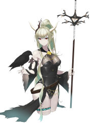 Rule 34 | 1girl, absurdres, arknights, bare shoulders, belt, bird, black one-piece swimsuit, breasts, closed mouth, copper, cropped legs, highres, holding, holding weapon, horns, light green hair, long hair, looking at viewer, medium breasts, official alternate costume, one-piece swimsuit, pointy ears, ponytail, red eyes, serious, shining (arknights), shining (silent night) (arknights), sidelocks, solo, standing, swimsuit, thighs, weapon, white background