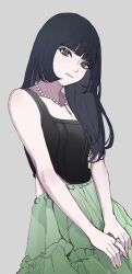 Rule 34 | 1girl, absurdres, animification, bead necklace, beads, black eyes, black hair, black tank top, blunt bangs, collarbone, expressionless, green skirt, grey background, head tilt, highres, hong eun-chae, jewelry, k-pop, le sserafim, long hair, multiple rings, necklace, orihara (ewkkyorhr), pink lips, pink nails, real life, ring, skirt, solo, tank top