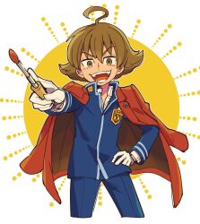 Rule 34 | 1boy, ace attorney, ace attorney investigations, ace attorney investigations 2, ahoge, blue jacket, brown eyes, brown hair, flipped hair, gloves, hair between eyes, hand on own hip, highres, holding, holding pointer, ichiyanagi yumihiko, jacket, jacket on shoulders, long sleeves, looking at viewer, male focus, nono (norabi), open mouth, outstretched arm, pants, pointer, red jacket, school uniform, short hair, smile, solo, teeth, white gloves