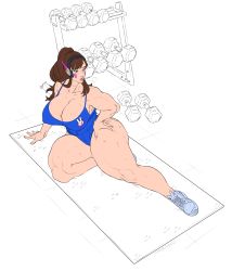 Rule 34 | 1girl, absurdres, artist request, breasts, brown eyes, brown hair, cleavage, covered erect nipples, curvy, d.va (overwatch), full body, highres, large breasts, long hair, muscular, muscular female, orangekisses, orangekissess, overwatch, overwatch 1, shoes, sitting, sneakers, solo, sweat, thick thighs, thighs